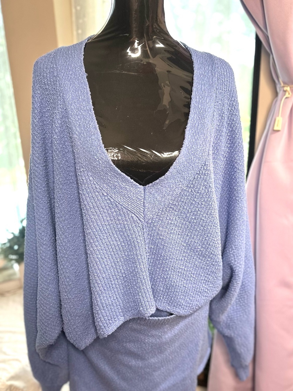 Free People Cozy V-Neck blue Knit Sweater and short set